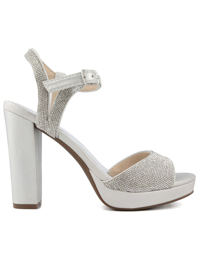 SUGAR Womens Silver Shimmer Cushioned Embellished Ankle Strap Prisila Open Toe Block Heel Buckle Dress Heeled Sandal 9 M