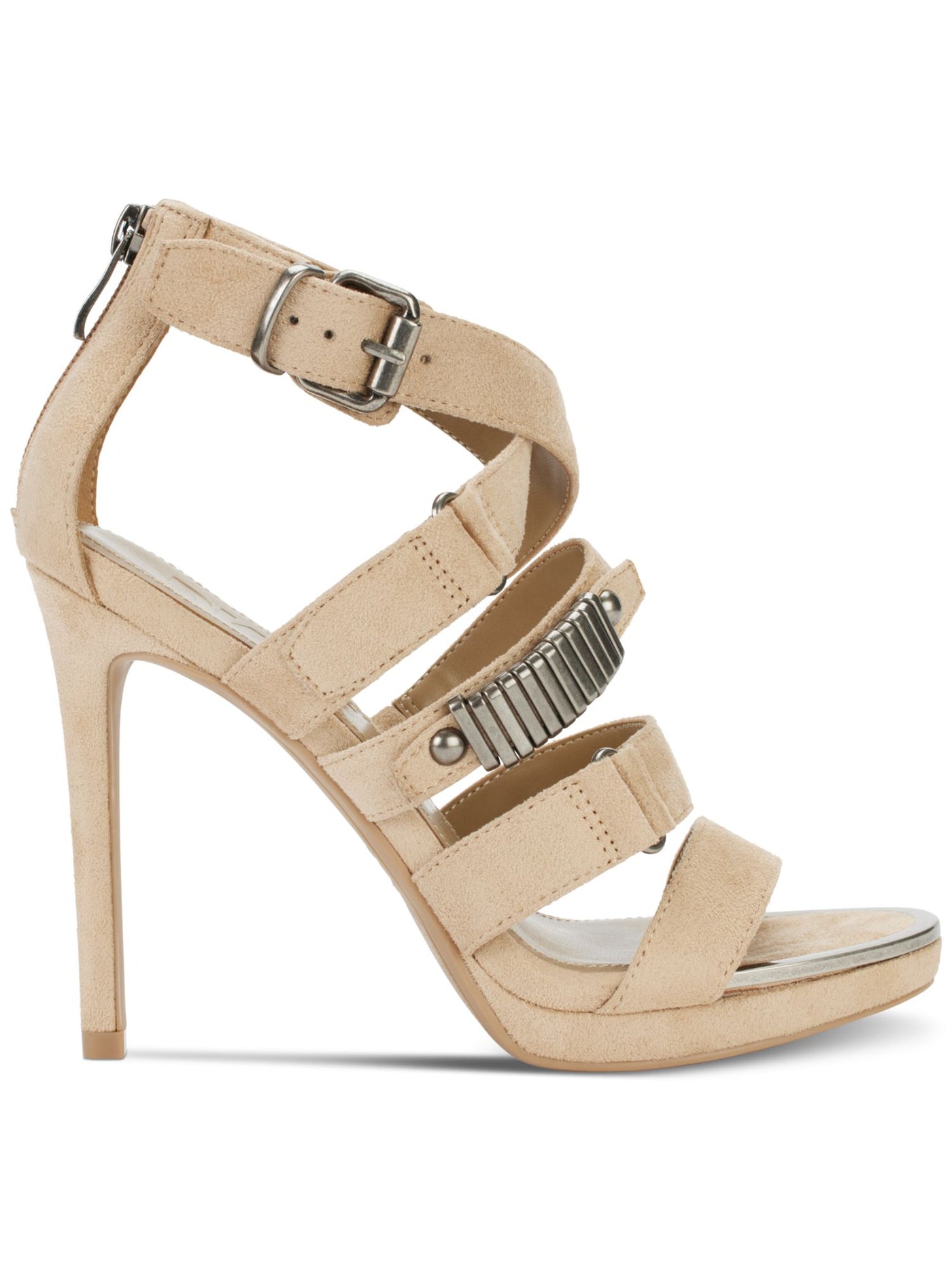 DKNY Womens Beige Buckled Strap Metallic Accent Padded Strappy Goring Deb Almond Toe Stiletto Zip-Up Heeled Sandal 9.5 M