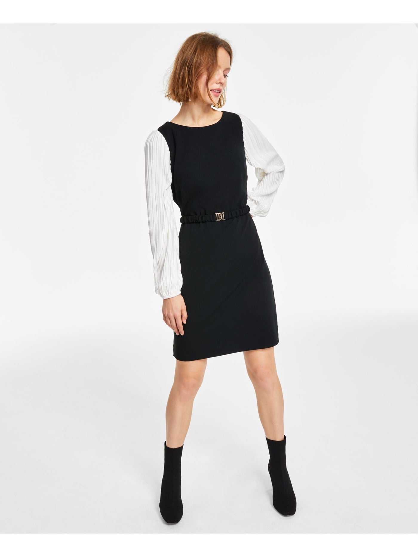 DKNY Womens Black Zippered Belted Pleated Long Sleeves Color Block Round Neck Above The Knee Wear To Work Sheath Dress 2