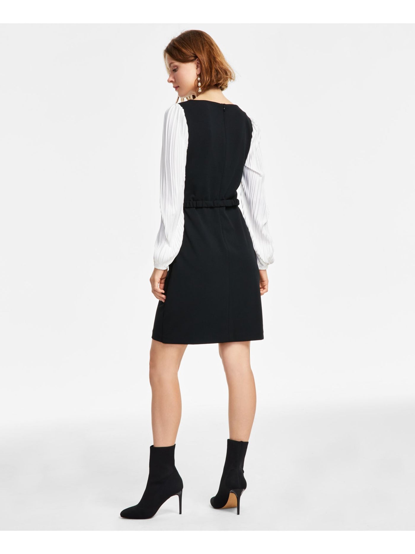 DKNY Womens Black Zippered Belted Pleated Long Sleeves Color Block Round Neck Above The Knee Wear To Work Sheath Dress 2