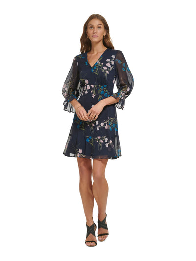 DKNY Womens Navy Zippered Ruffled Lined Floral 3/4 Sleeve V Neck Short Party Fit + Flare Dress Petites 0P