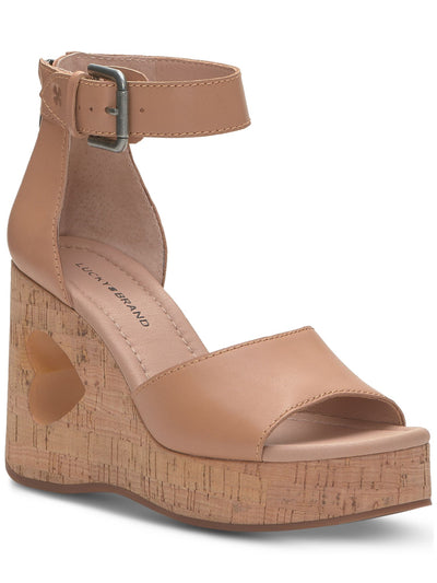 LUCKY BRAND Womens Beige 1" Cork-Like Platform Heel Cut Out Buckled Ankle Strap Padded Himmy Round Toe Wedge Zip-Up Leather Heeled Sandal 8.5 M