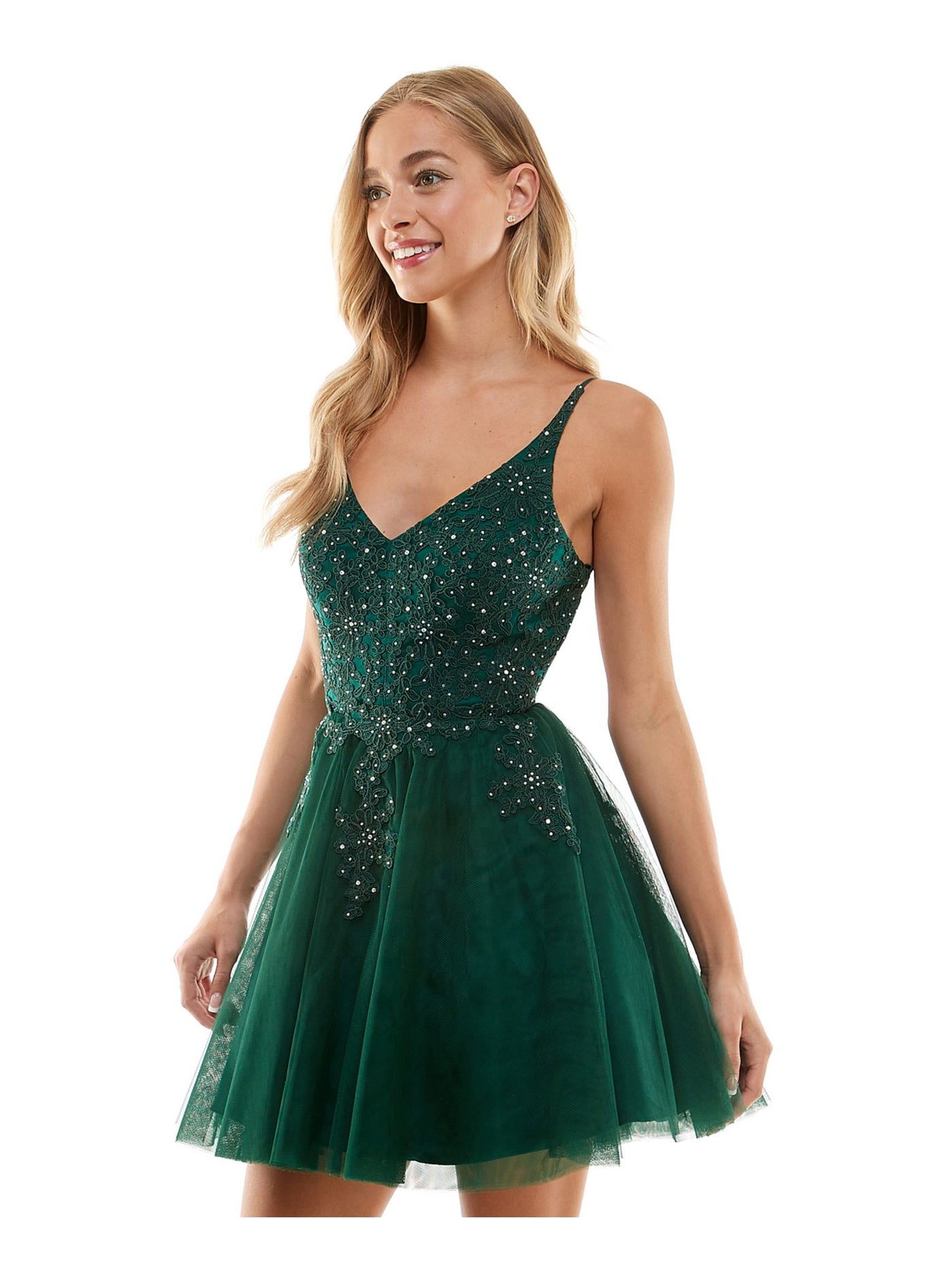 SAY YES TO THE PROM Womens Green Zippered Rhinestone Lace Up Tulle Padded Floral Spaghetti Strap V Neck Short Formal Fit + Flare Dress Juniors 3\4