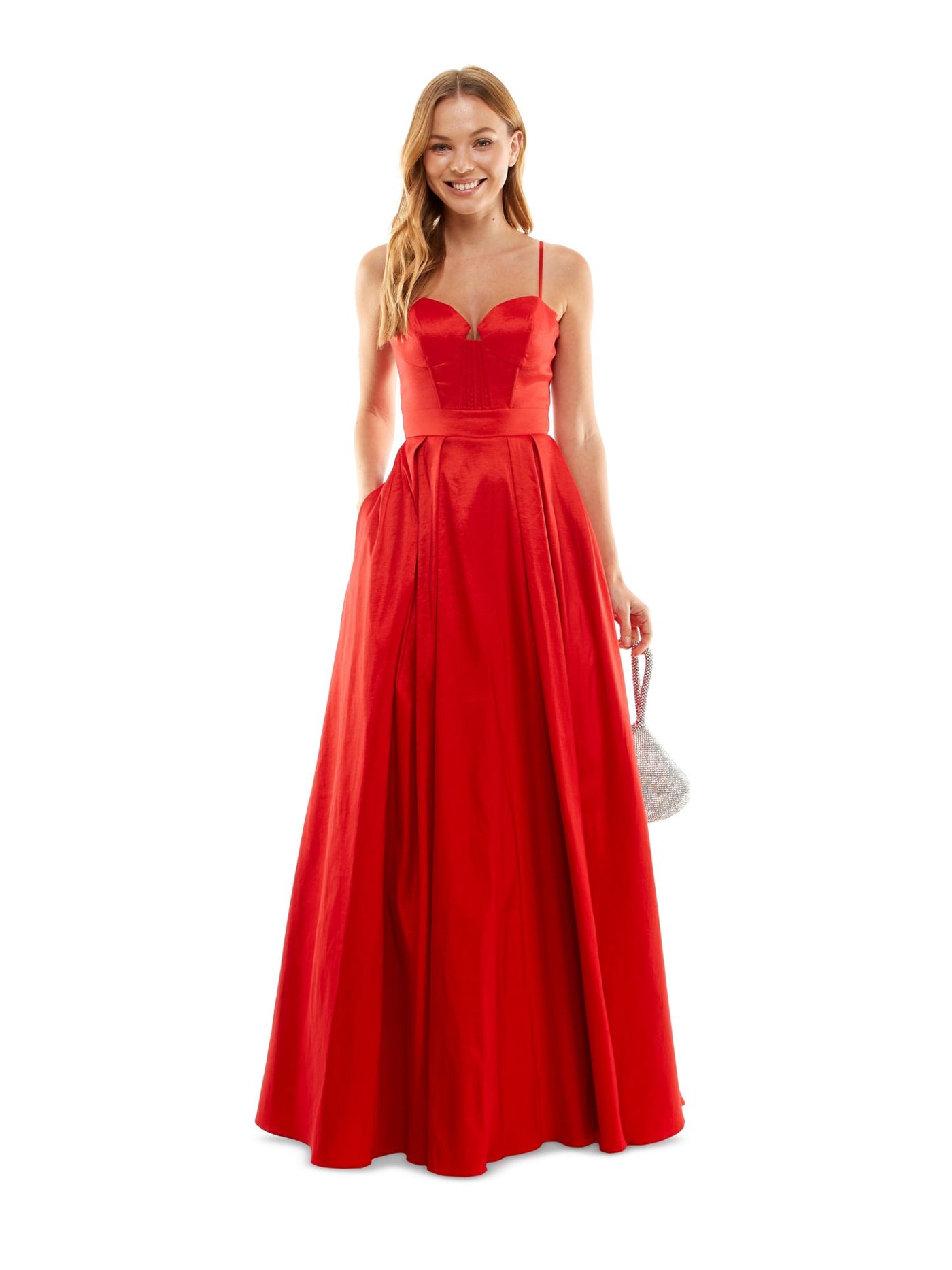 B DARLIN Womens Red Zippered Pleated Boned Corset Pocketed Lined Spaghetti Strap Sweetheart Neckline Full-Length Prom Gown Dress Juniors 7\8