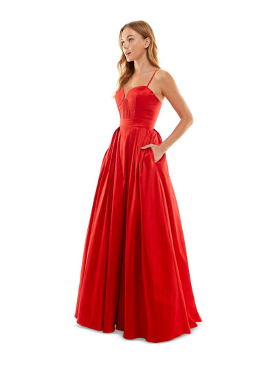 B DARLIN Womens Red Zippered Pleated Boned Corset Pocketed Lined Spaghetti Strap Sweetheart Neckline Full-Length Prom Gown Dress Juniors 1\2