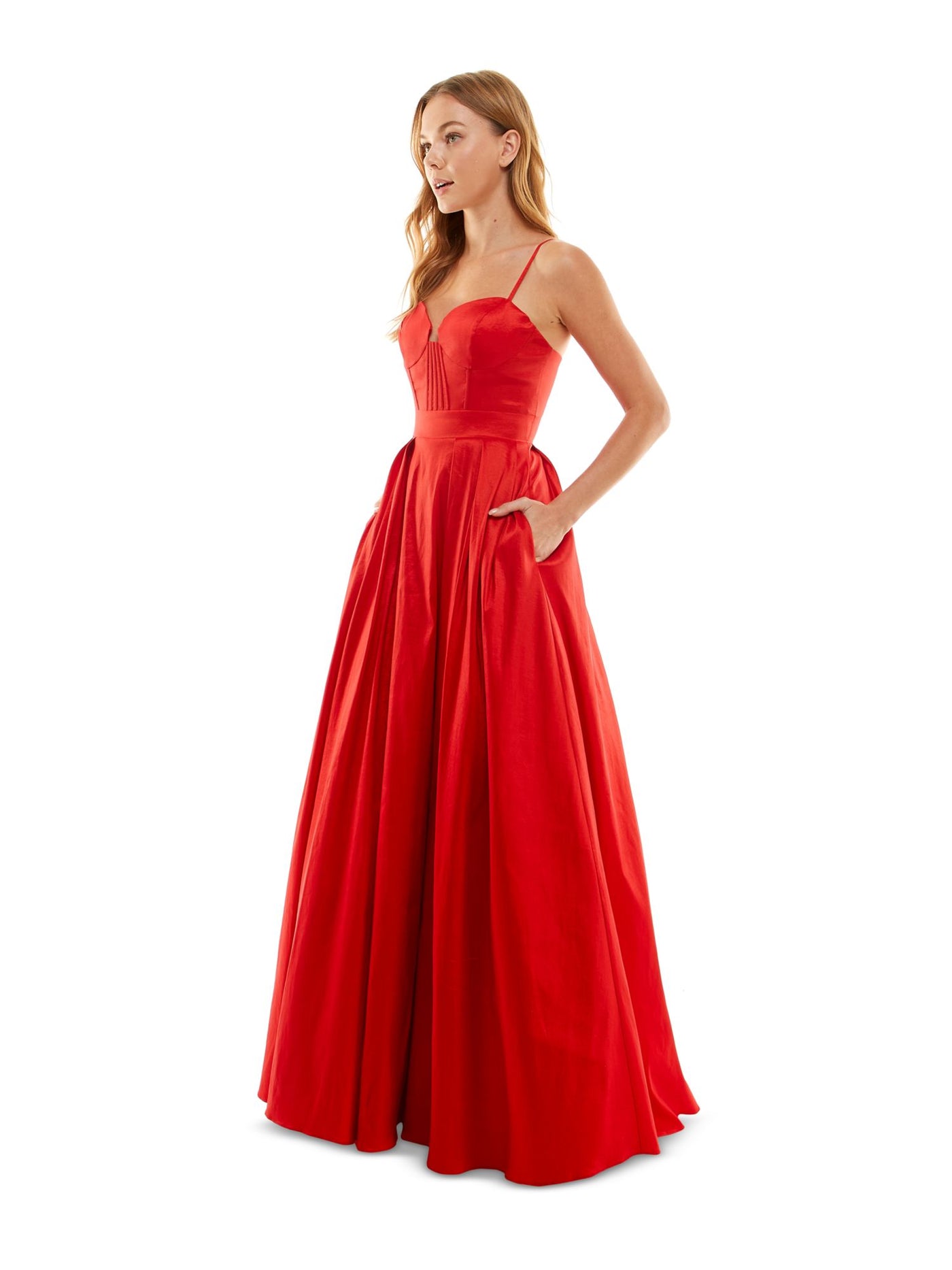 B DARLIN Womens Red Zippered Pleated Boned Corset Pocketed Lined Spaghetti Strap Sweetheart Neckline Full-Length Prom Gown Dress Juniors 7\8