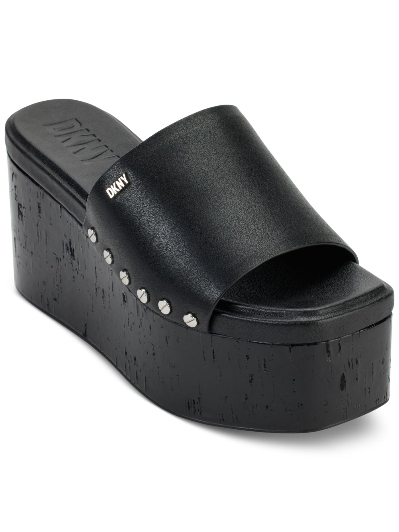 DKNY Womens Black Padded Goring Studded Alvy Almond Toe Platform Slip On Leather Slide Sandals Shoes 11 M