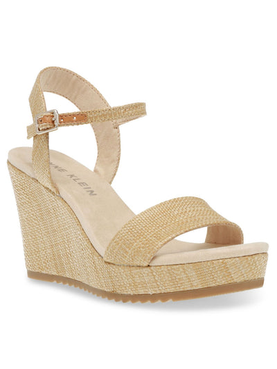 ANNE KLEIN Womens Beige Woven Padded Ankle Strap Adjustable Wella Round Toe Wedge Buckle Heeled Sandal 9.5 M