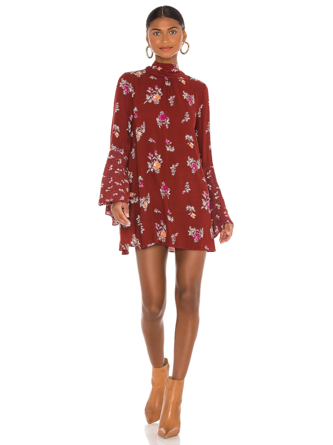 FREE PEOPLE Womens Red Floral Long Sleeve Tie Neck Mini Shift Dress Size: S