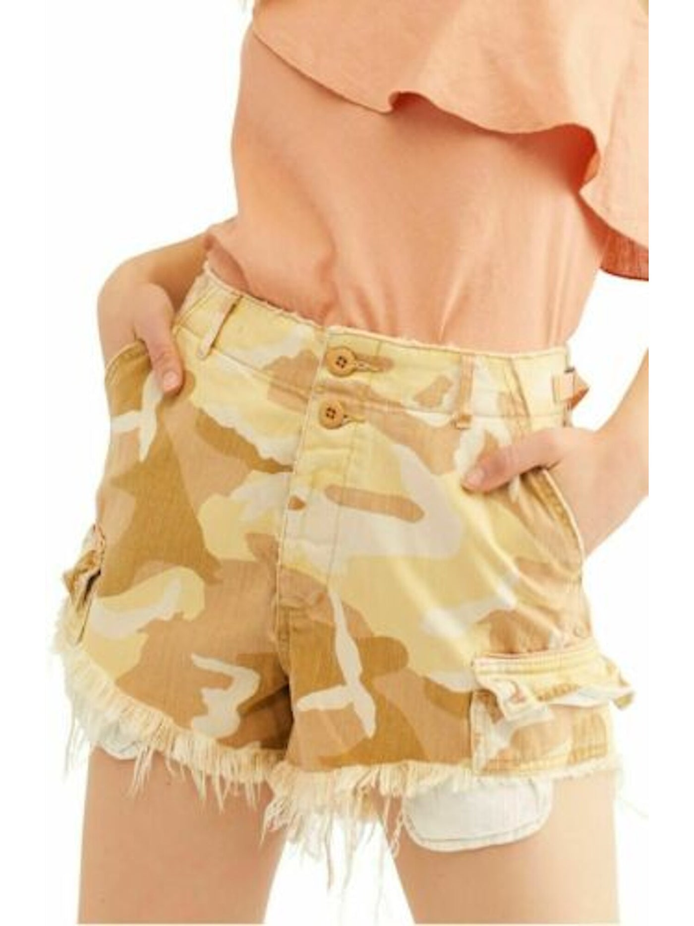 FREE PEOPLE Womens Beige Frayed Camouflage Shorts Size: 0