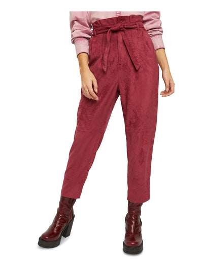 FREE PEOPLE Womens Burgundy Faux Suede Belted Cropped Pants Size: 2