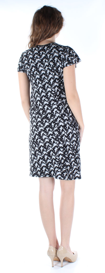 KENSIE Womens Black Ruffled Printed Cap Sleeve Zip Neck Above The Knee Shift Dress