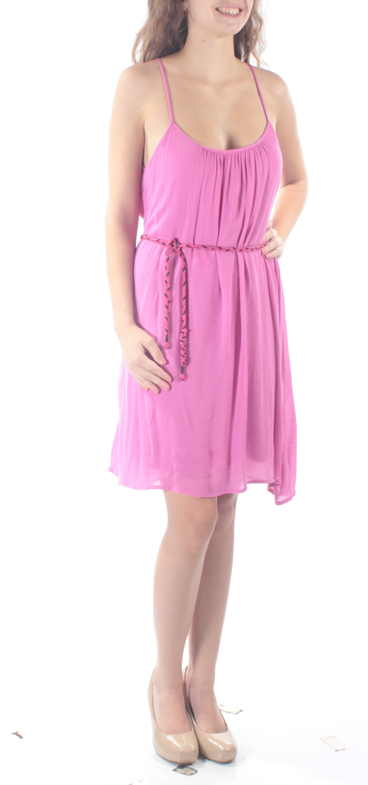 SANCTUARY Womens Pink Tie Spaghetti Strap Scoop Neck Above The Knee Fit + Flare Dress