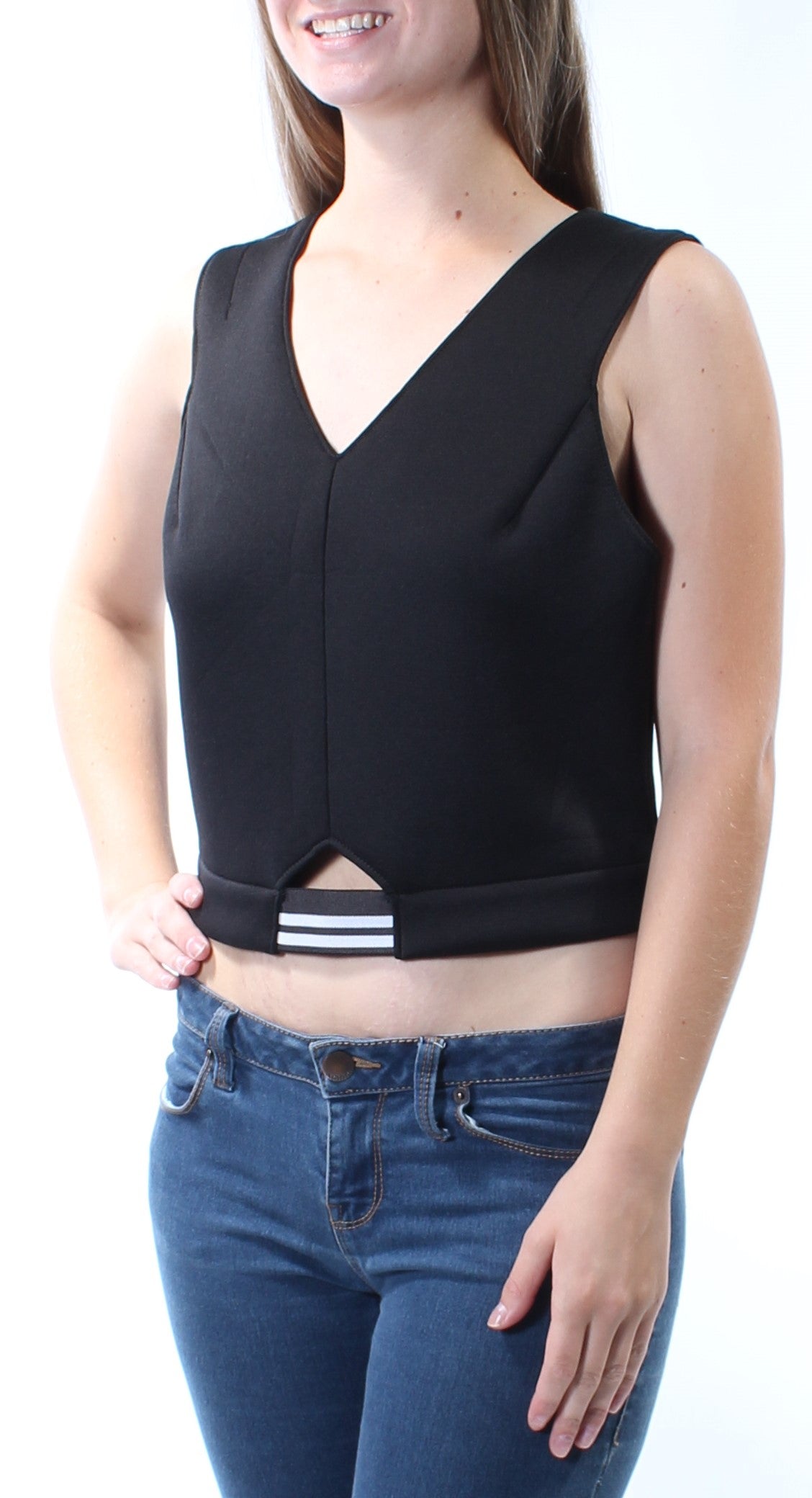KIIND OF Womens Black Cut Out Sleeveless V Neck Crop Top