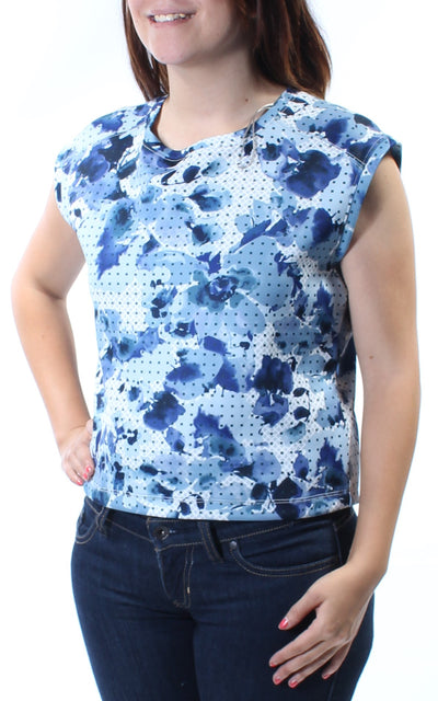 KIIND OF Womens Blue Cut Out  Back Floral Cap Sleeve Jewel Neck Top