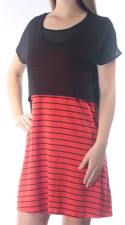 KENSIE Womens Red Sheer  Overlay, Multi Wear Striped Sleeveless Scoop Neck Above The Knee Shift Dress