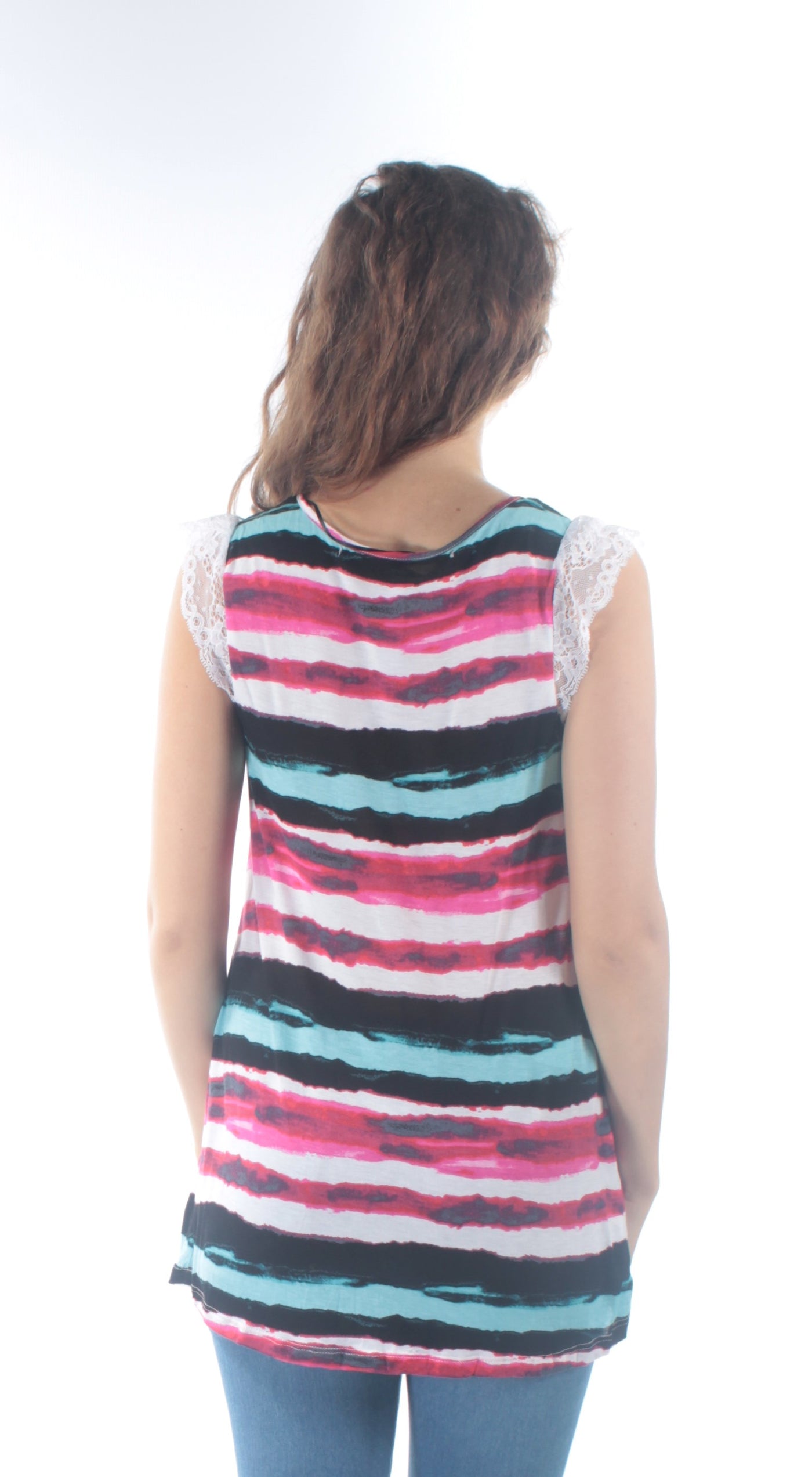 KENSIE Womens Pink Lace Striped Cap Sleeve Scoop Neck Tunic Top