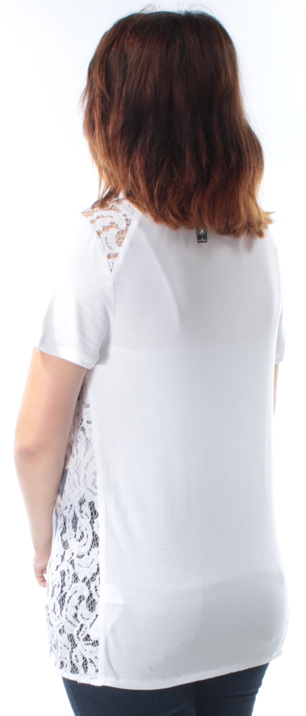 KENSIE Womens White Lace Details Printed Short Sleeve Jewel Neck T-Shirt