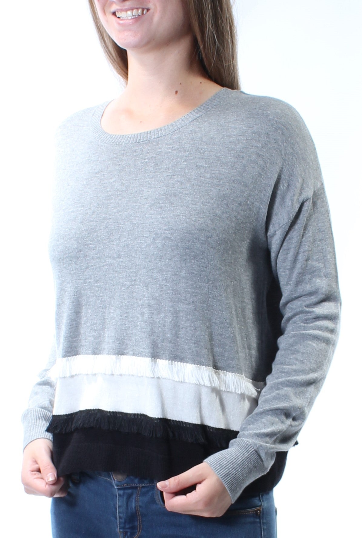 KENSIE Womens Gray Fringed Striped Long Sleeve Jewel Neck Sweater