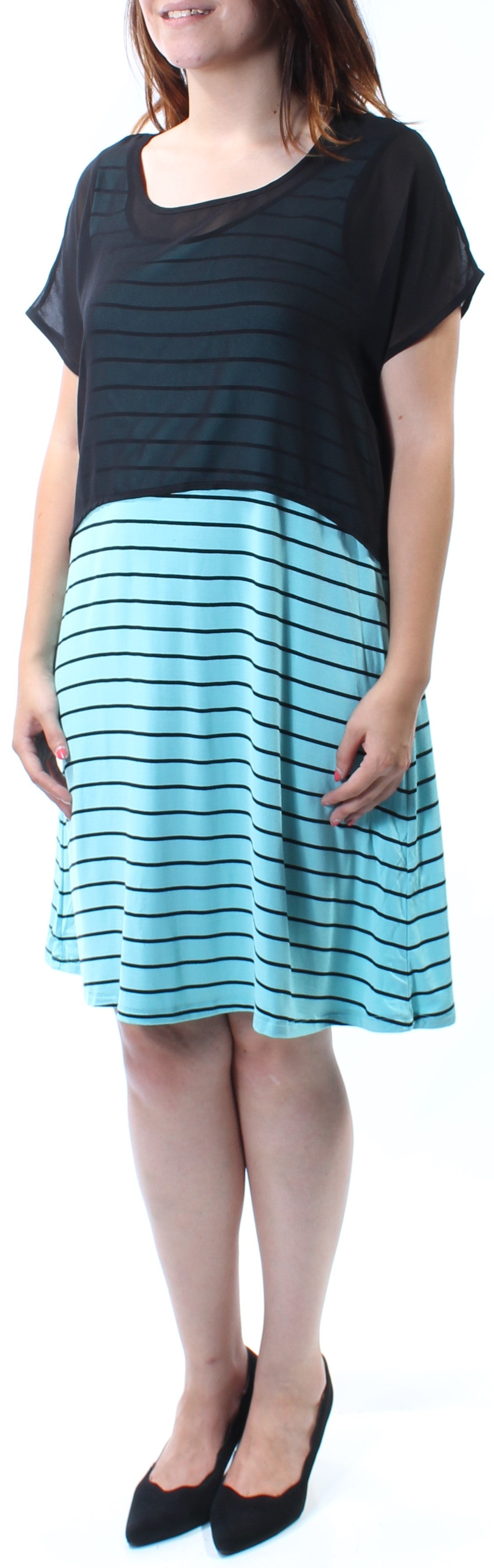KENSIE Womens W/layover Striped Sleeveless Scoop Neck Knee Length Shift Dress