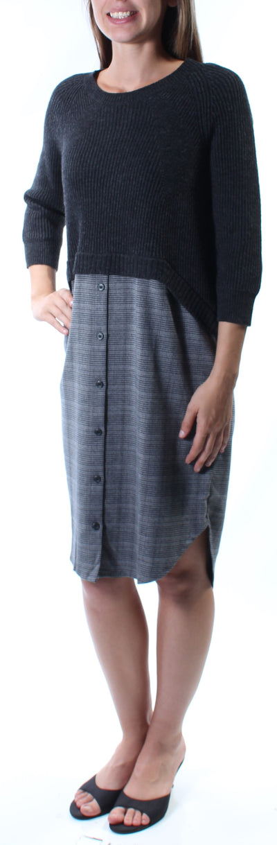 RACHEL ROY Womens Gray Plaid 3/4 Sleeve Crew Neck Below The Knee Tunic Dress