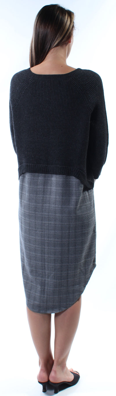 RACHEL ROY Womens Gray Plaid 3/4 Sleeve Crew Neck Below The Knee Tunic Dress