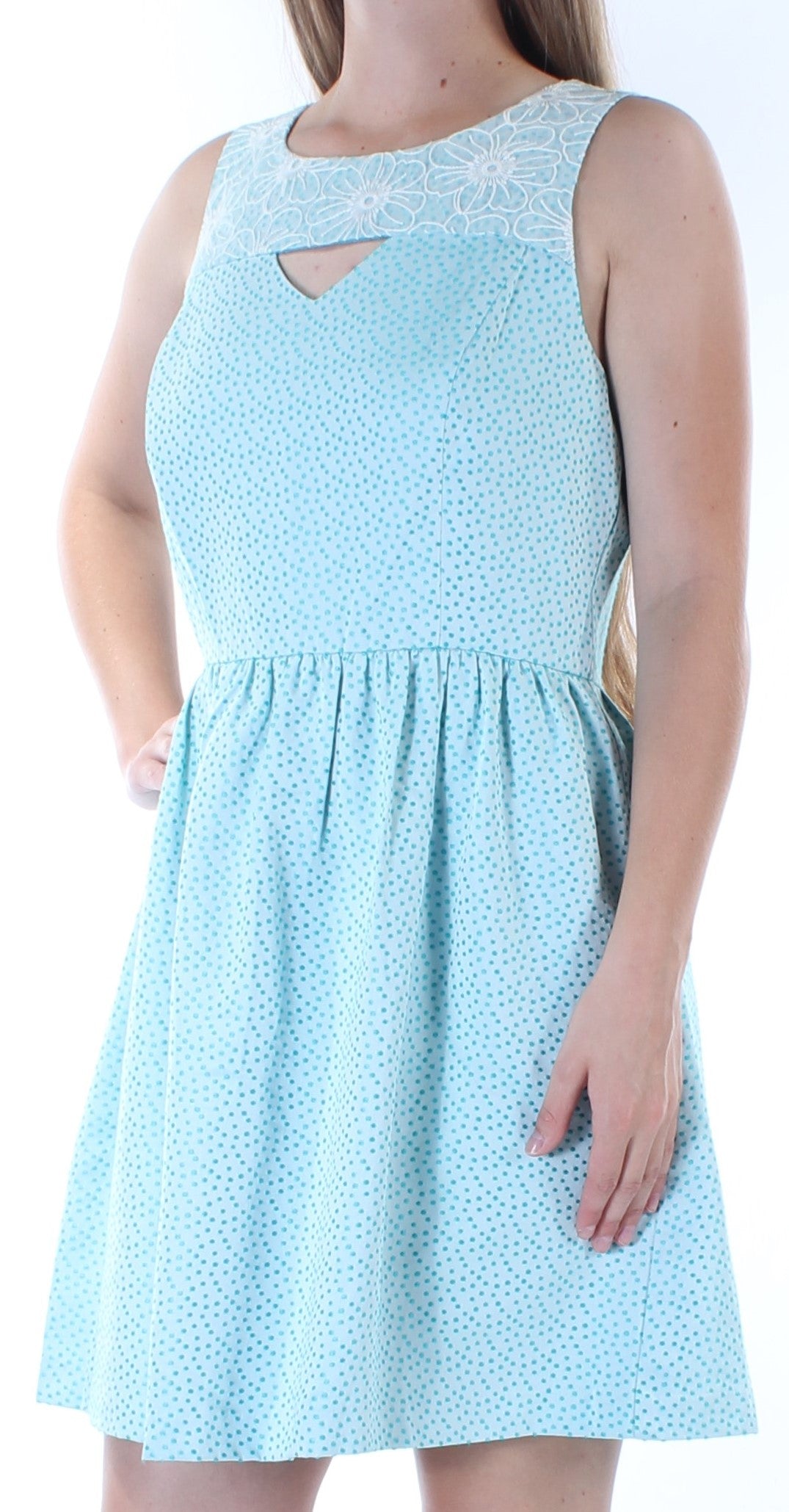 KENSIE Womens Light Blue Cut Out  Embroidered Polka Dot Sleeveless Jewel Neck Above The Knee Dress
