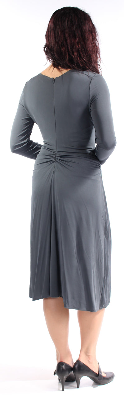 ARMANI Womens Gray Long Sleeve V Neck Midi Sheath Dress