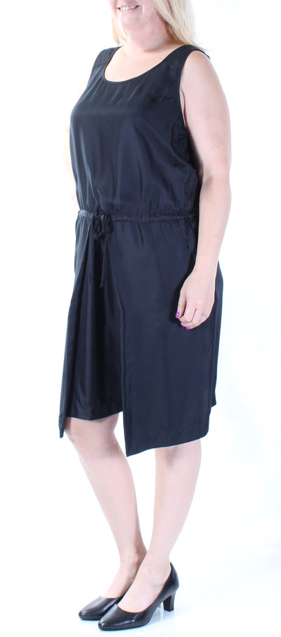 DKNY PURE Womens Black Tie Sleeveless Scoop Neck Below The Knee Blouson Dress