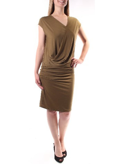 BAR III Womens Green Cap Sleeve V Neck Knee Length Faux Wrap Dress