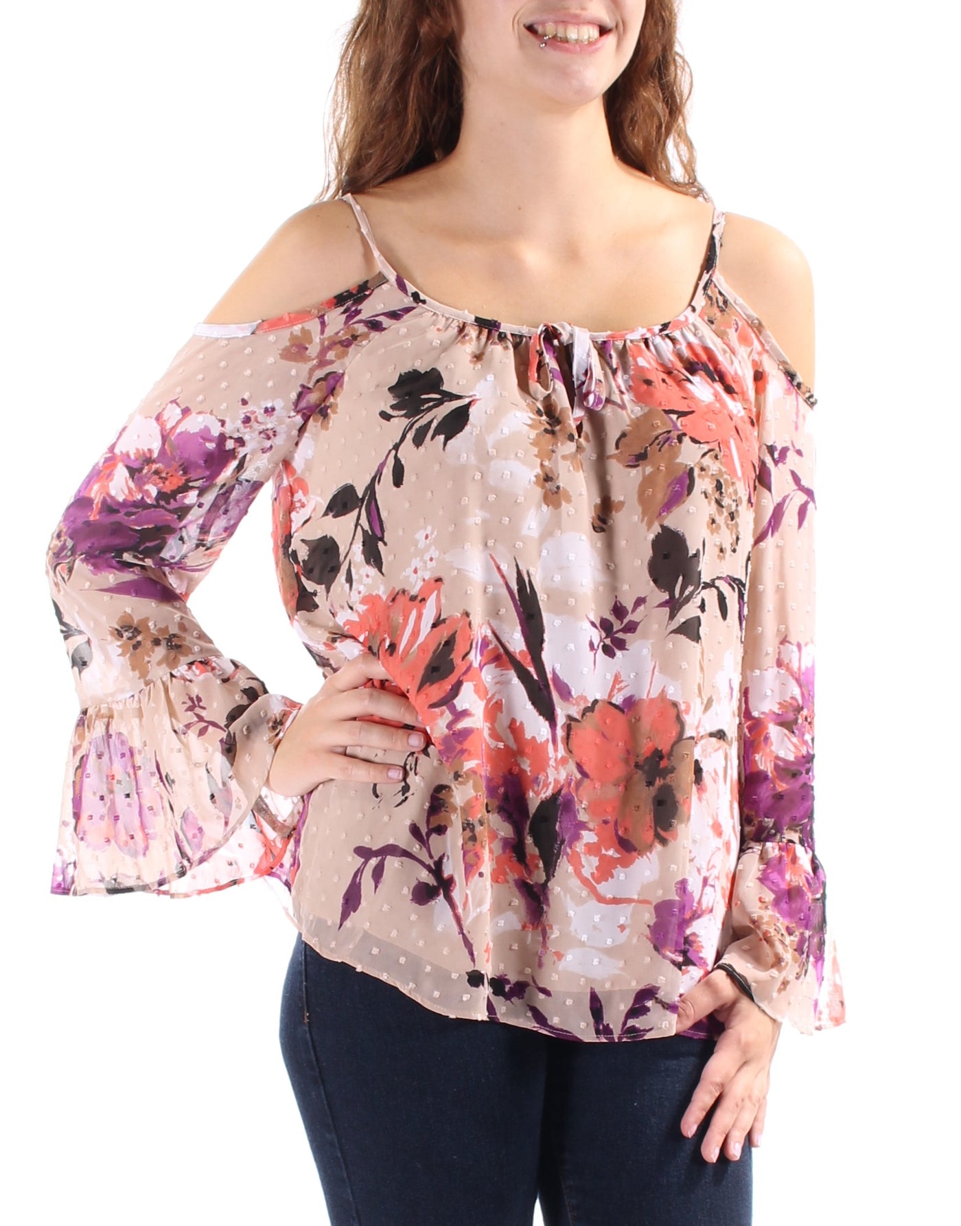 INC Womens Beige Textured  Cut Out Shoulder Floral Bell Sleeve Keyhole Top