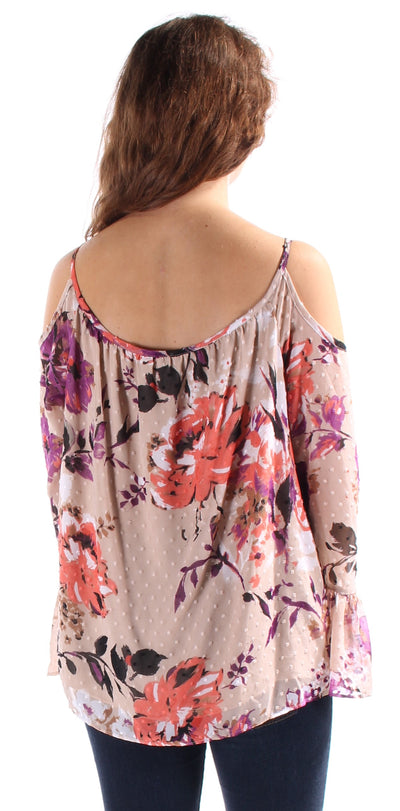 INC Womens Beige Textured  Cut Out Shoulder Floral Bell Sleeve Keyhole Top