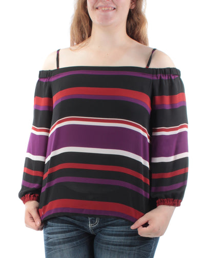 INC Womens Purple Striped 3/4 Sleeve Strapless Top