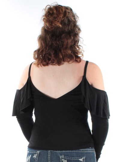 CHELSEA SKY Womens Black Ruffled  Cut Out Shoulder Long Sleeve V Neck Top