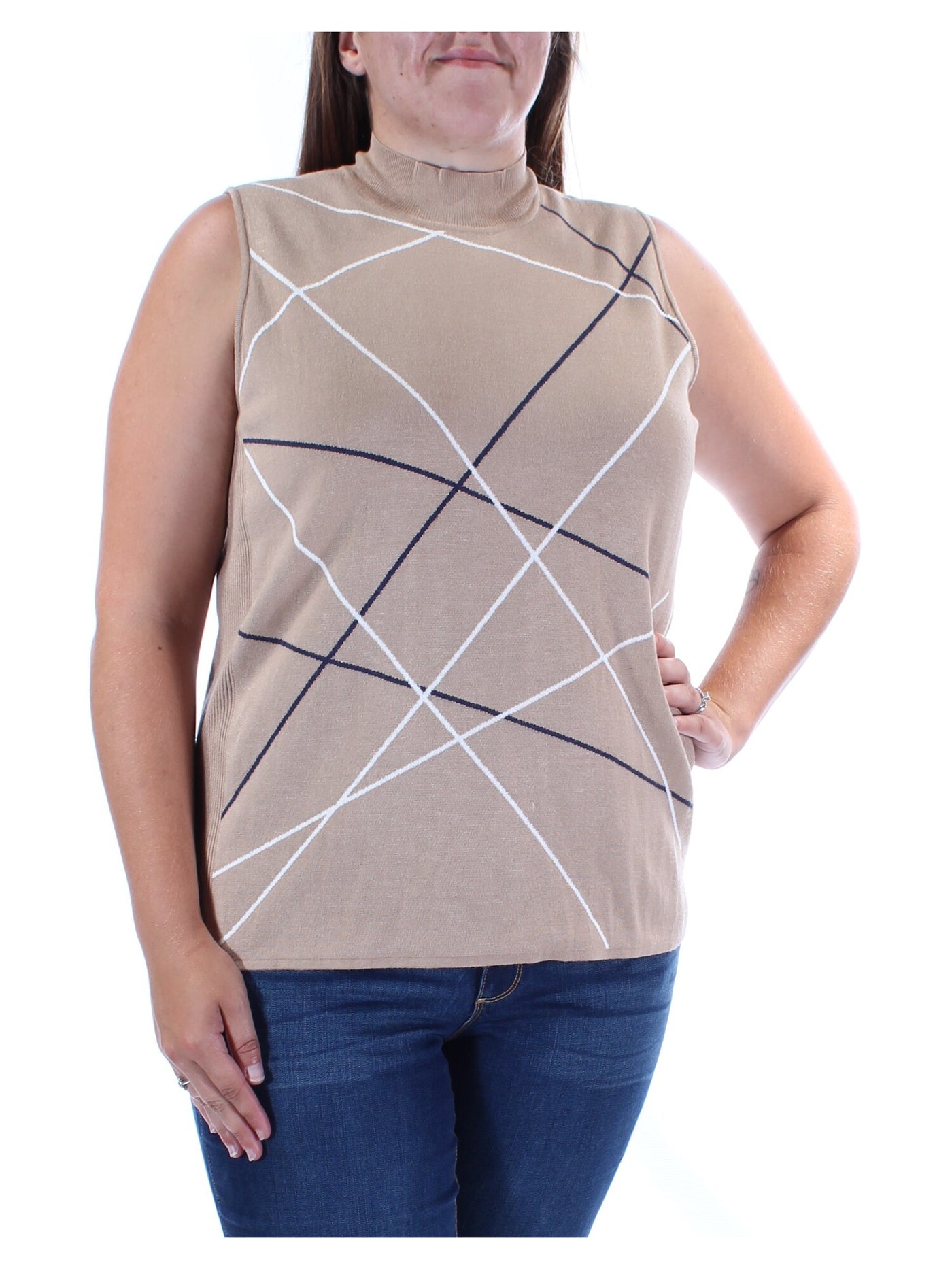 ALFANI Womens Beige Geometric Sleeveless Turtle Neck Top