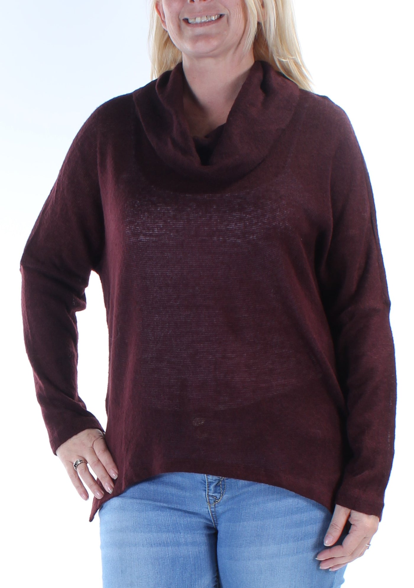 BAR III Womens Burgundy Dolman Sleeve Cowl Neck Hi-Lo Sweater