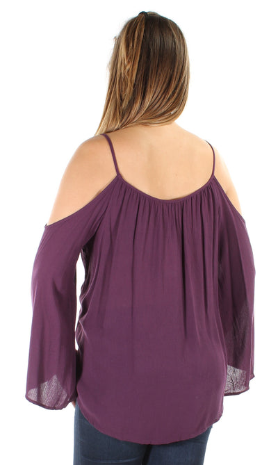 CHELSEA SKY Womens Purple Cut Out Bell Sleeve Scoop Neck Crop Top