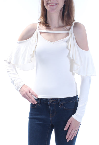 CHELSEA SKY Womens Ivory Cut Out  Ruffled Long Sleeve V Neck Top
