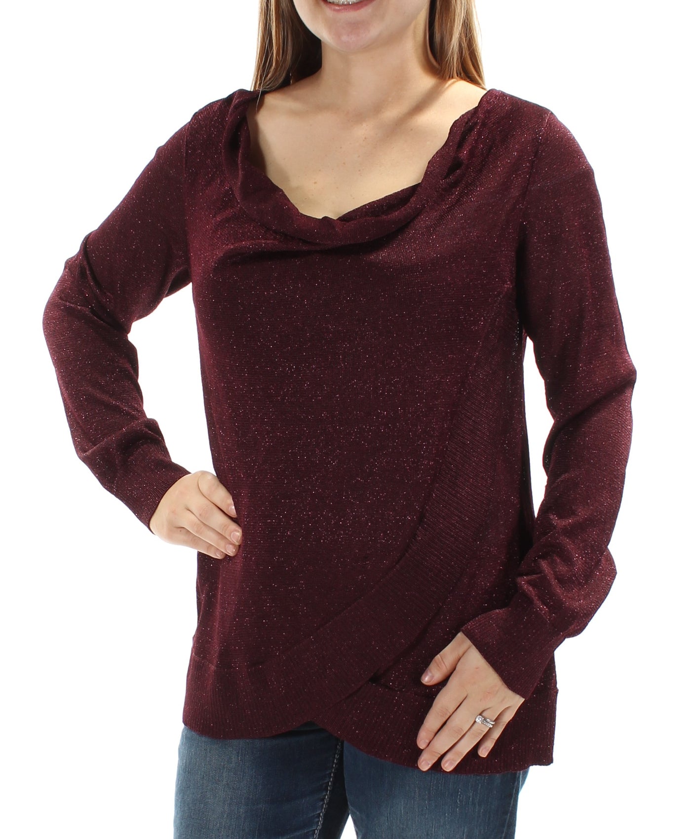 INC Womens Burgundy Glitter Long Sleeve Scoop Neck Top