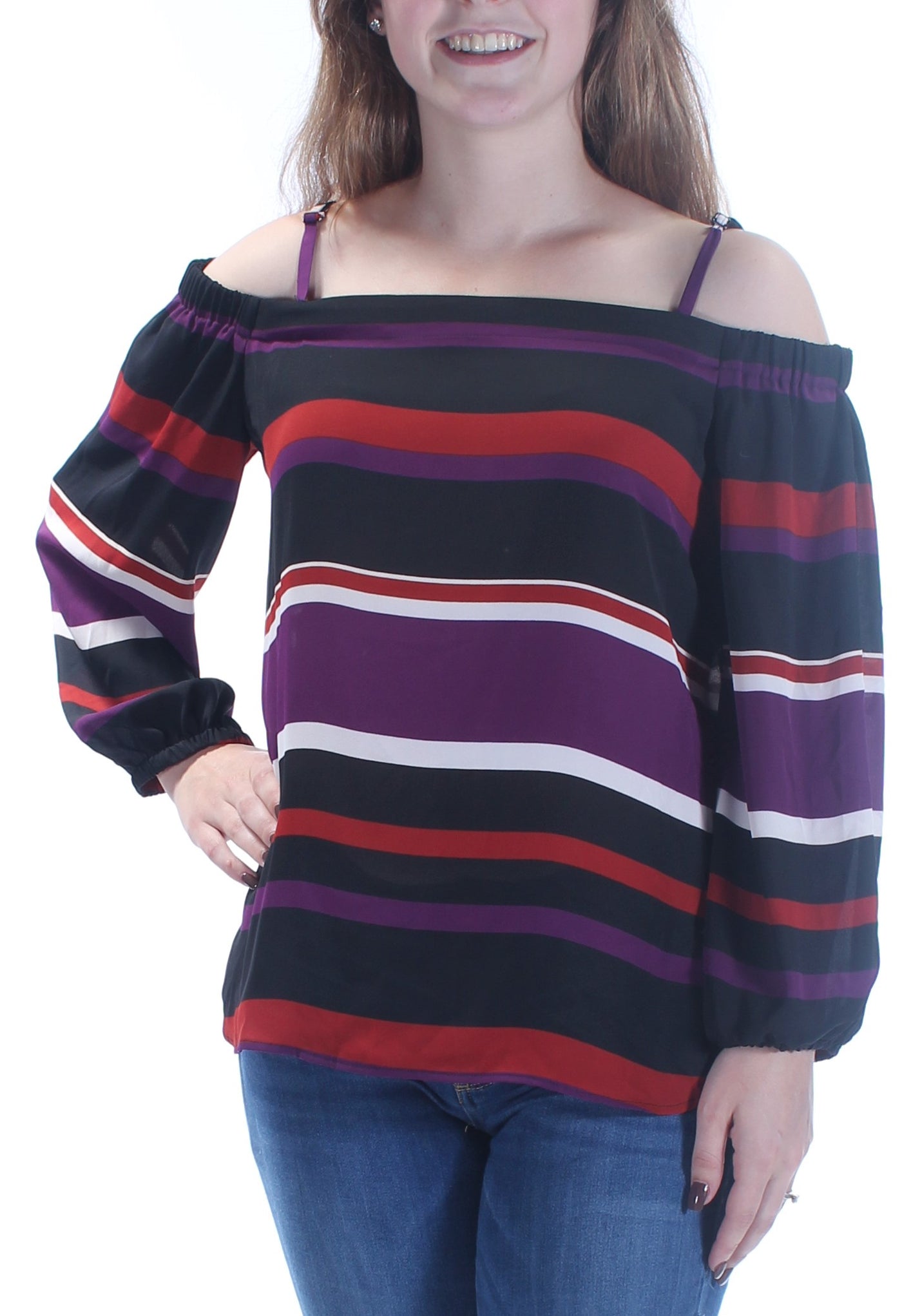 INC Womens Purple Cut Out Striped Long Sleeve Square Neck Peasant Top