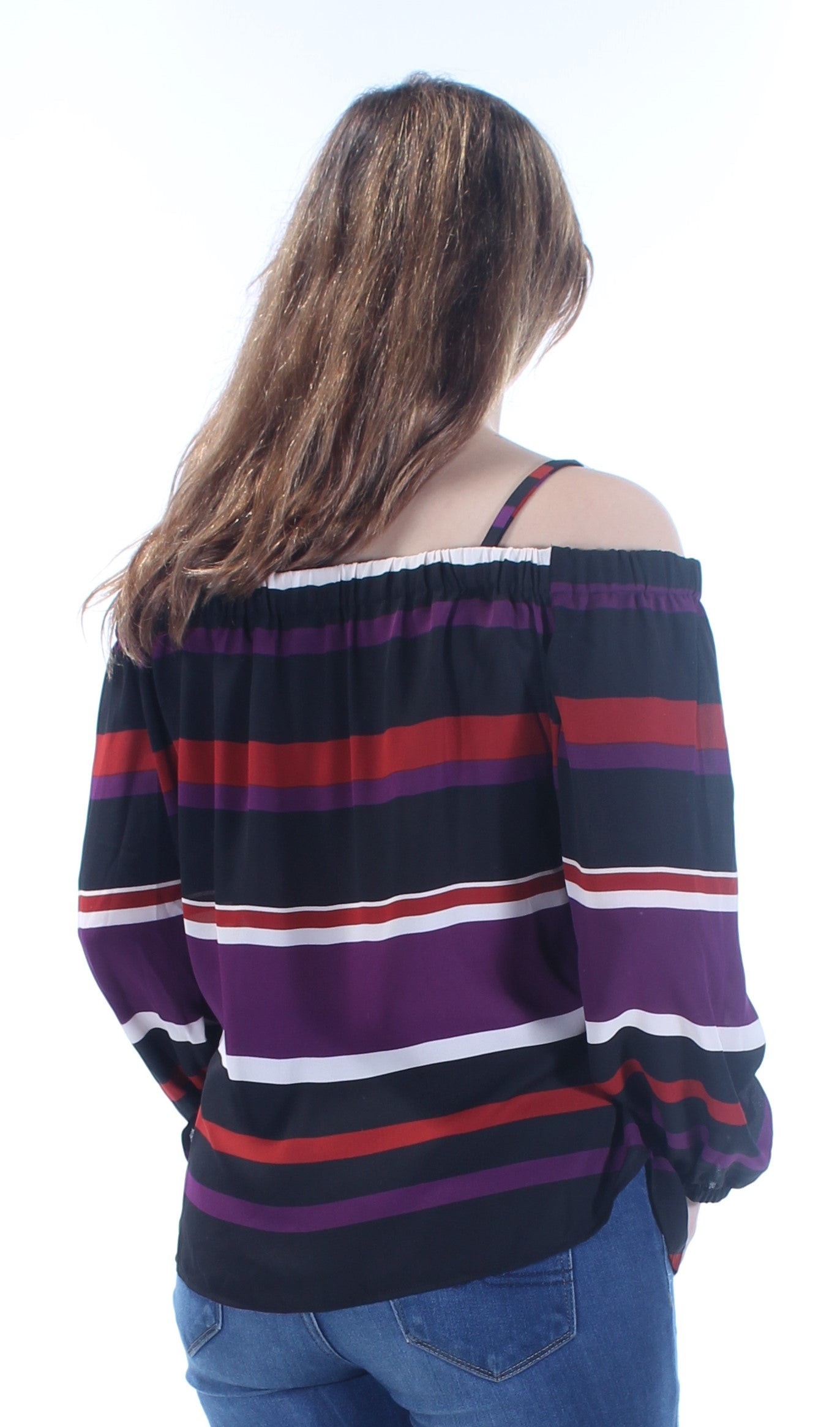 INC Womens Purple Cut Out Striped Long Sleeve Square Neck Peasant Top