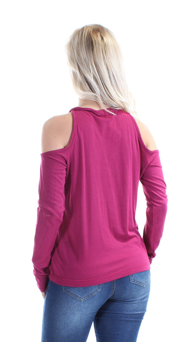 CHELSEA SKY Womens Purple Cut Out Long Sleeve Jewel Neck Top