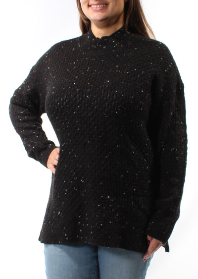 BAR III Womens Black Faux Leather Textured Knitted Speckle Long Sleeve Turtle Neck Sweater