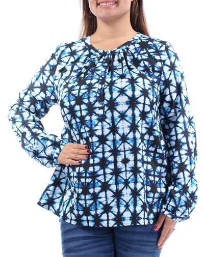 TOMMY HILFIGER Womens Blue Geometric Long Sleeve Jewel Neck Tunic Top