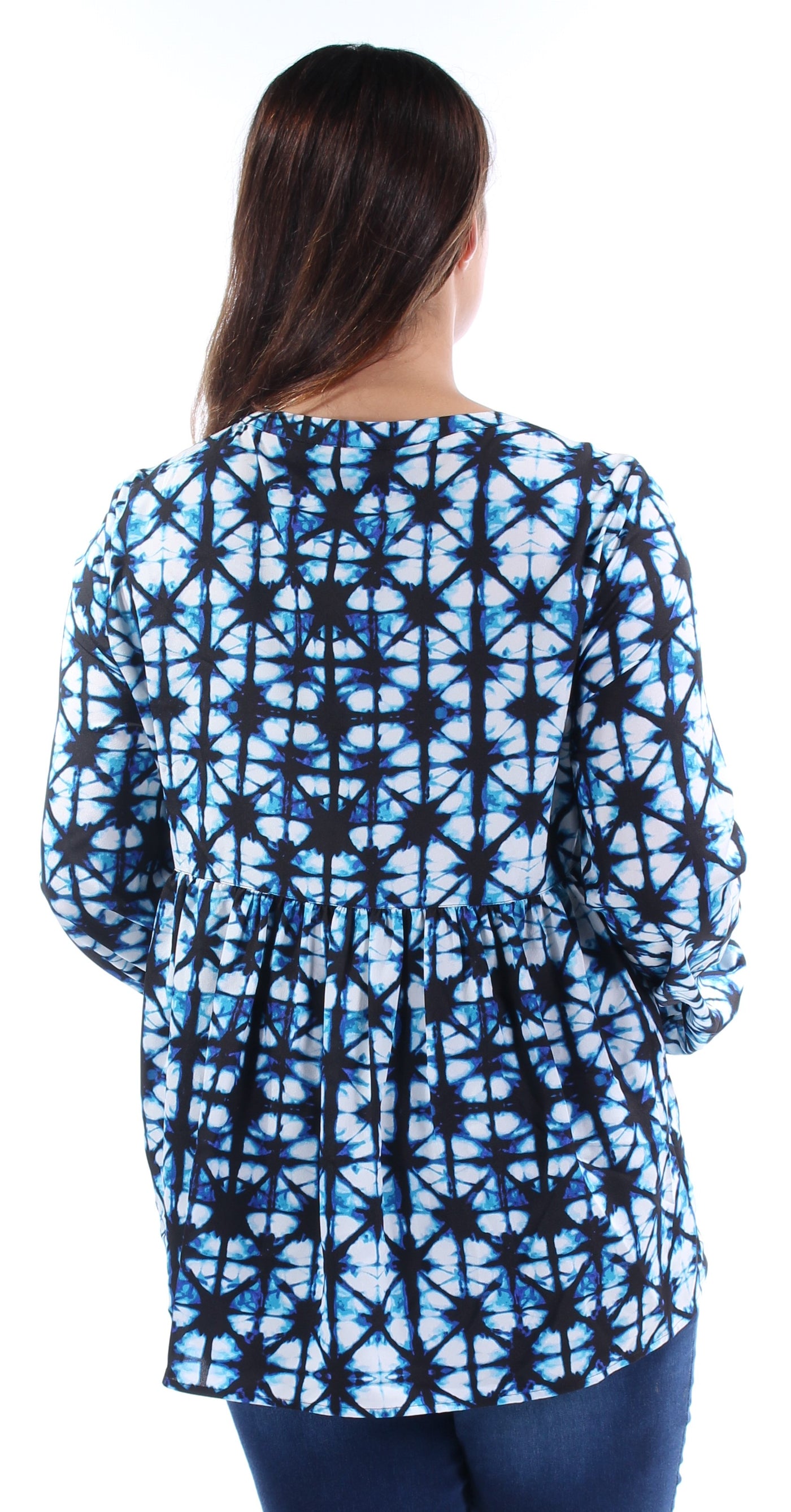 TOMMY HILFIGER Womens Blue Geometric Long Sleeve Jewel Neck Tunic Top