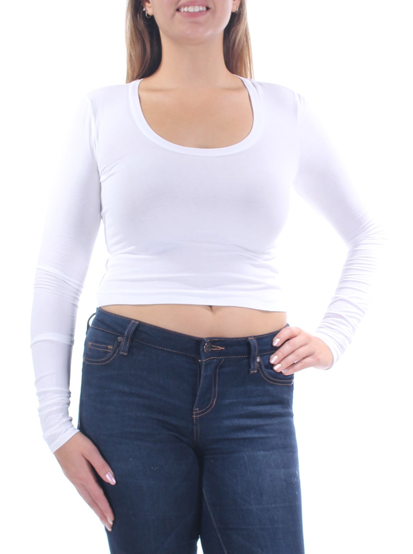 CHELSEA SKY Womens White Long Sleeve Jewel Neck Crop Top