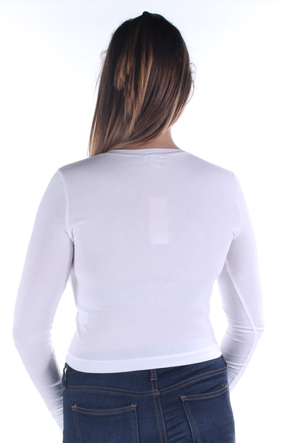 CHELSEA SKY Womens White Long Sleeve Jewel Neck Crop Top