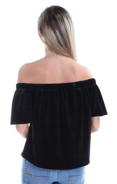 BAR III Womens Black Velvet Short Sleeve Off Shoulder Top