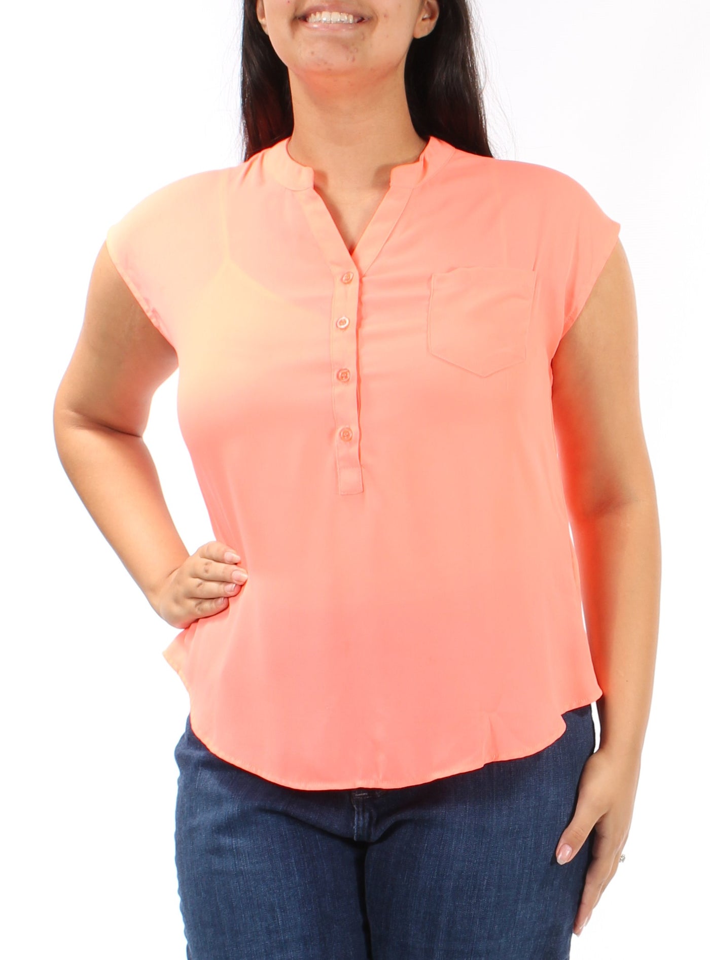 MINE Womens Coral Cap Sleeve V Neck Top