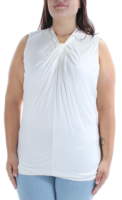 FAME AND PARTNERS Womens White Gathered Sleeveless Jewel Neck Top